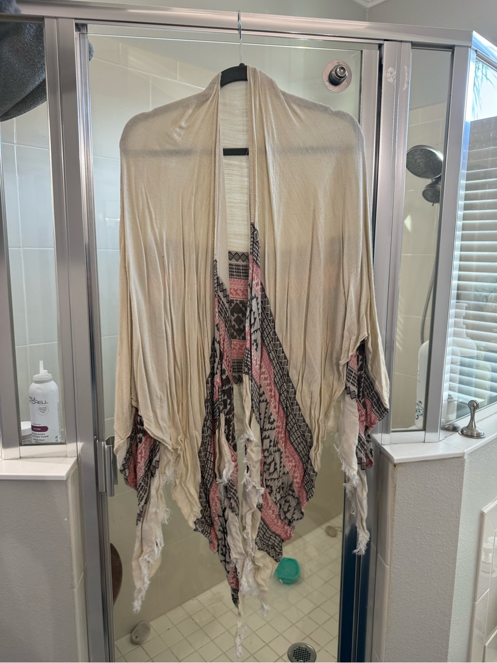 Boho Tassel Draped Kimono Cardigan — Cream with Pink & Black Pattern